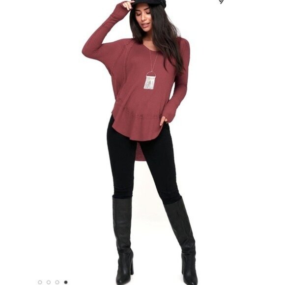 Free People Women’s Catalina Slouchy Waffle Knit Top Maroon Size L - Picture 1 of 5